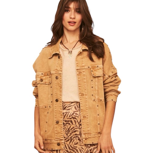 Nekane NKN Denim Braidy Caramel Tan Khaki Studded Denim Oversized Jacket Size 38